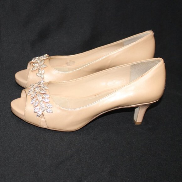 Alex Marie Patent Nude Beige Rhinestone Embellished Peep Toe Heels - Picture 3 of 15